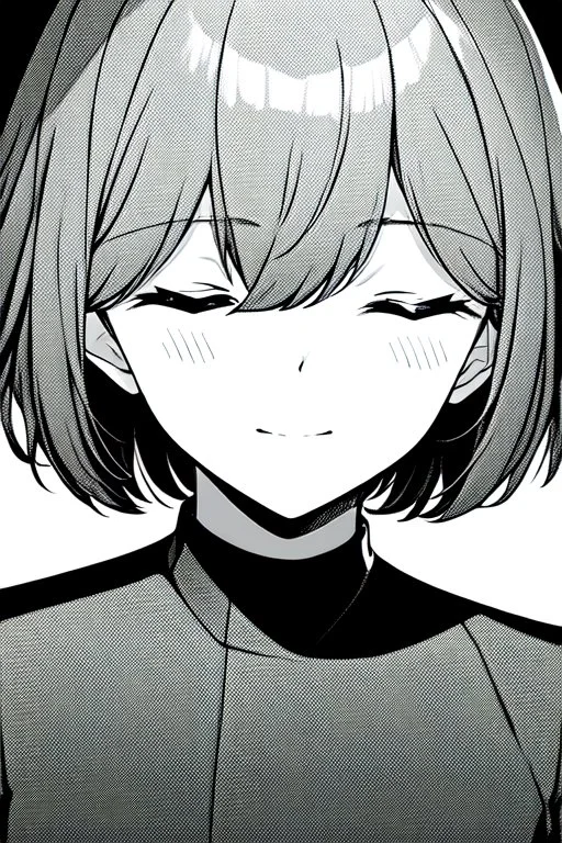 short hair girl, closed eyes, close-up, greyscale