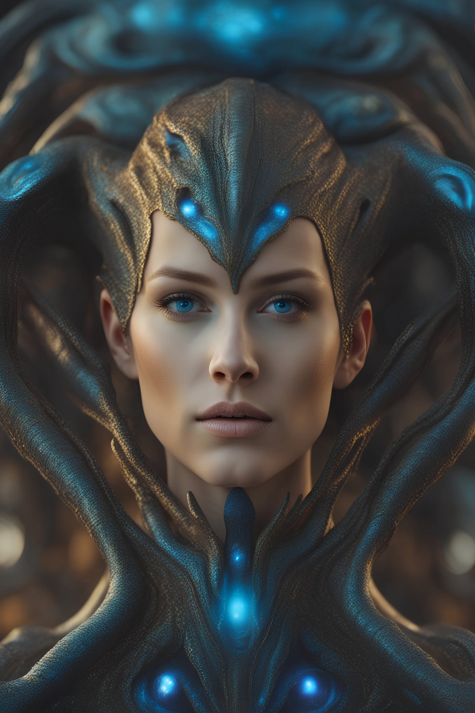 a beautiful young woman, alien with brilliant blue eyes