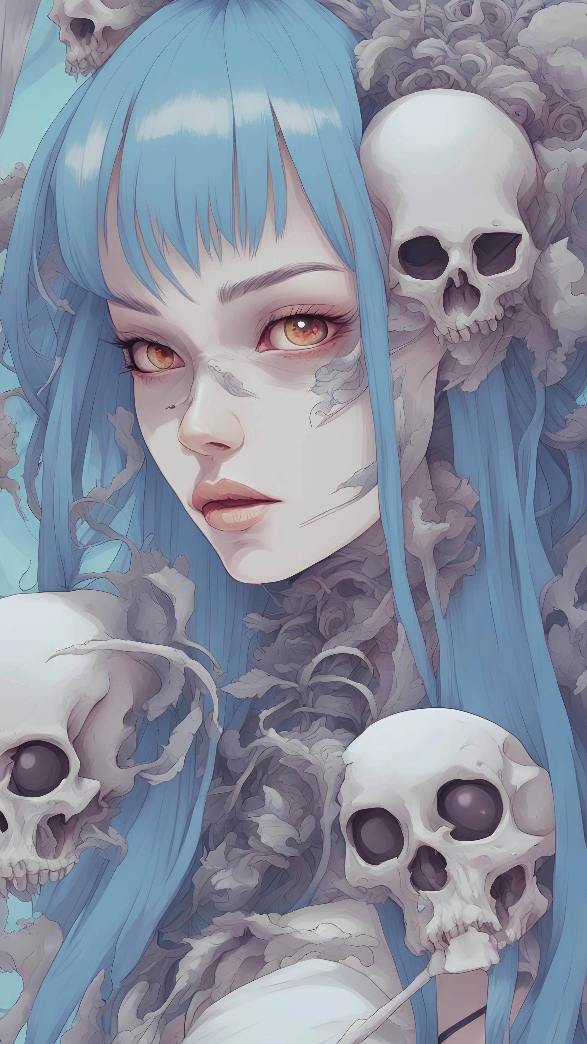 a close up of a person with a skull on their head, anime skull portrait woman, scary detailed art in color, hiroyuki-mitsume takahashi, nychos art aesthetic, half woman half skeleton, anime cyberpunk art, colored manga art, rossdraws pastel vibrant, cold colors. insanely detailed, beautiful anime portrait, stunning anime face portrait, scary art in color