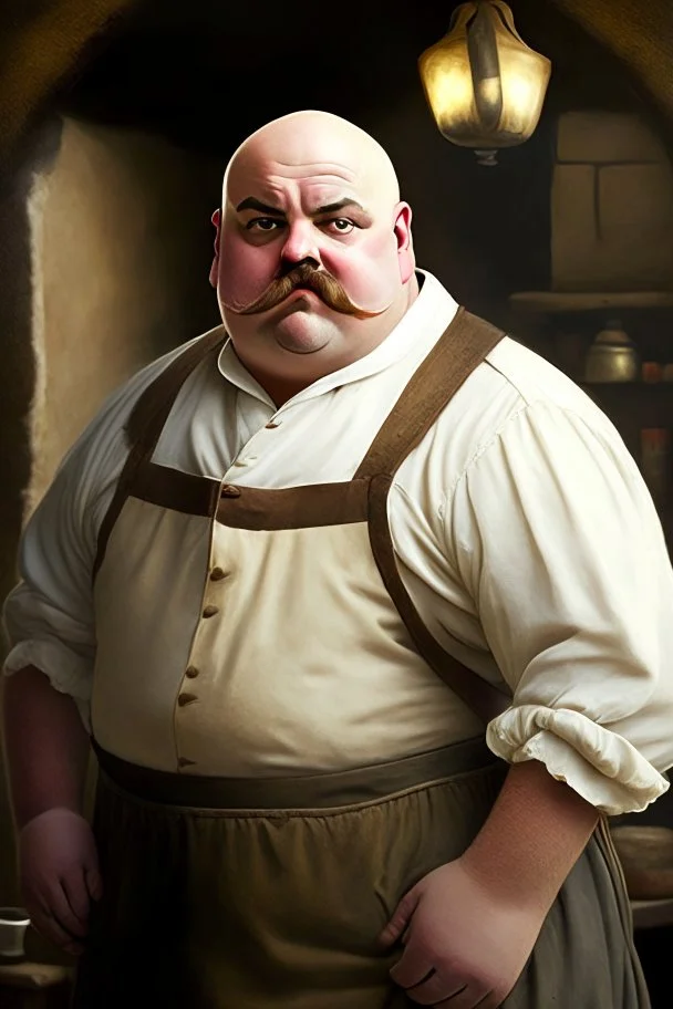 fat bald innkeeper with white dirty apron and moustache