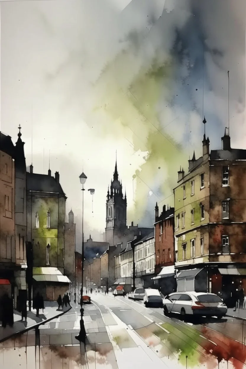 Nottingham cityscape by alvaro catagnet, minimalist loose drippy wet watercolour
