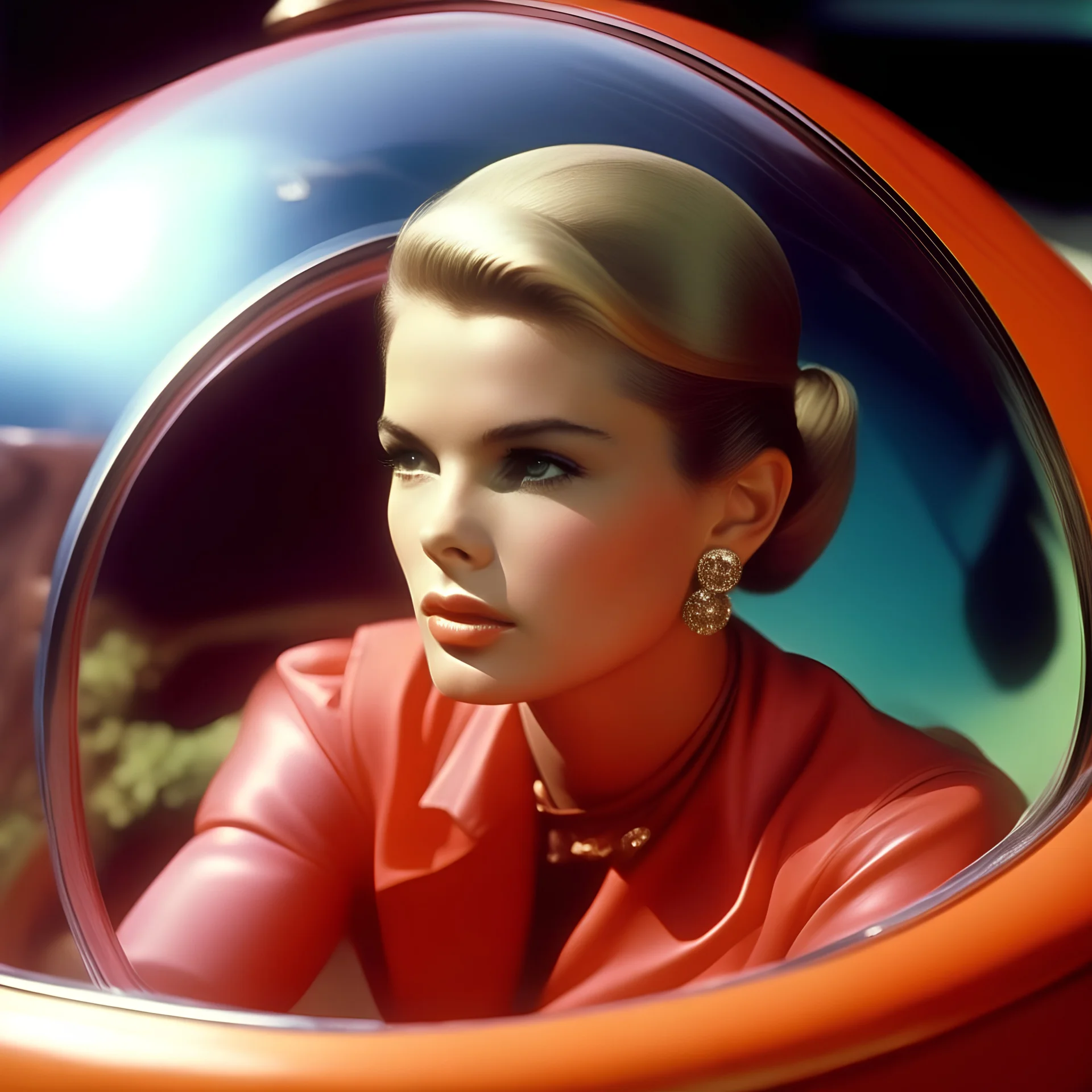 Retro futuristic, pink and orange, grace kelly, in a bubble, autochrome