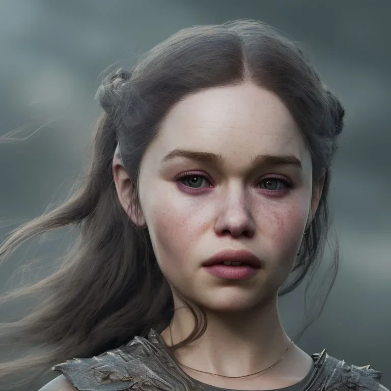 only perfect emilia clarke face, wearing dragon armor. fly hair, viking, village, highly realistic, highly detailed, mist around, smoke, particles, fog