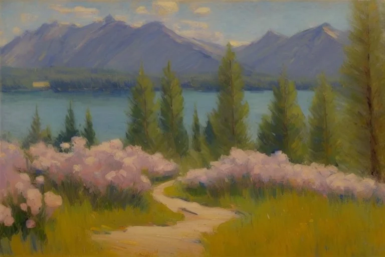 Sunny day, mountains, flowers, pathway, pine trees, lake, distant trees, theodore robinson impressionism painting