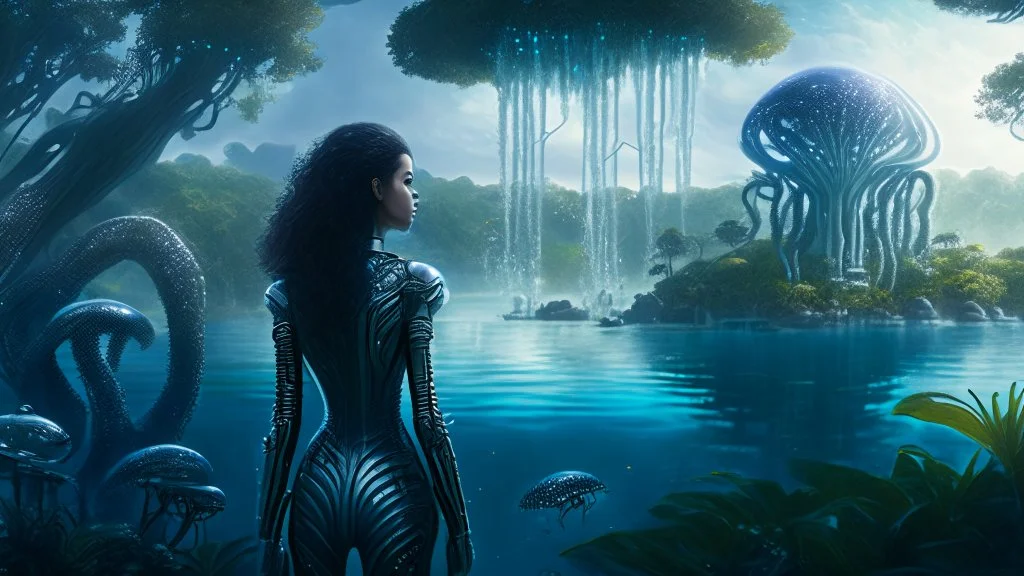 Detailed matte painting of a wide-angle shot of a woman, standing on the left side of the shot, with dark hair in a silver robotic catsuit, many large floating jellyfish with octopus tentacles, alien jungle trees in the distance, with an alien beach and lake