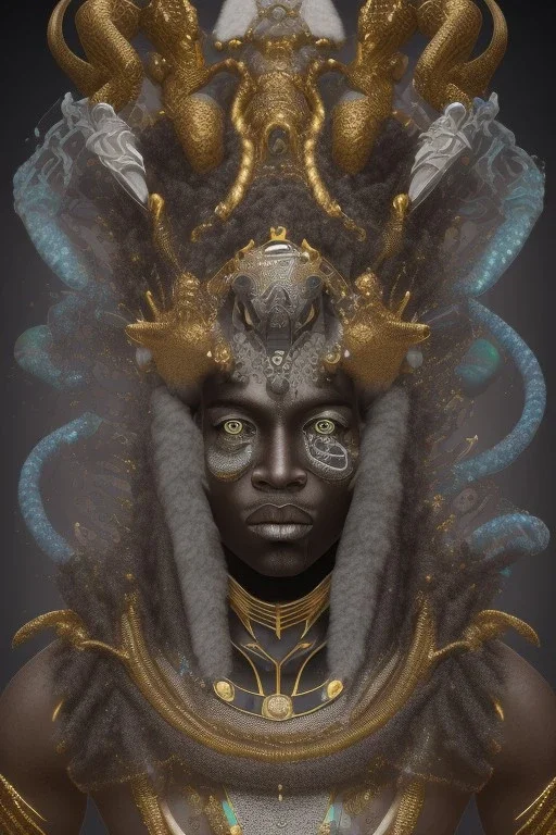 black male African Egyptian alien, cracks in the voodoo head, wicked, diamond eyes, crown, blood, 8k, finely detailed, photo realistic, leopard robe turquoise skull head gold dragon space alien rain skeleton gold teeth silver crown silver space suit spaceships