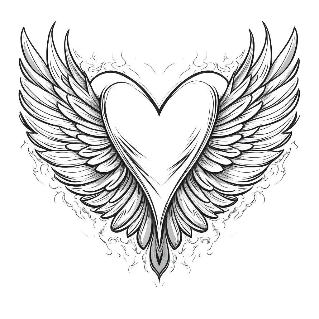 cartoon drawing of a heart with angel wings against a white background.