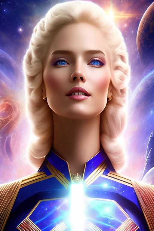 cosmic woman smile, admiral from the future, one fine whole face, crystalline skin, expressive blue eyes,rainbow, smiling lips, very nice smile, costume pleiadian, Beautiful tall woman pleiadian Galactic commander, ship, perfect datailed golden galactic suit, high rank, long blond hair, hand whit five perfect detailed finger, amazing big blue eyes, smilling mouth, high drfinition lips, cosmic happiness, bright colors, blue, pink, gold, jewels, realist, high commander