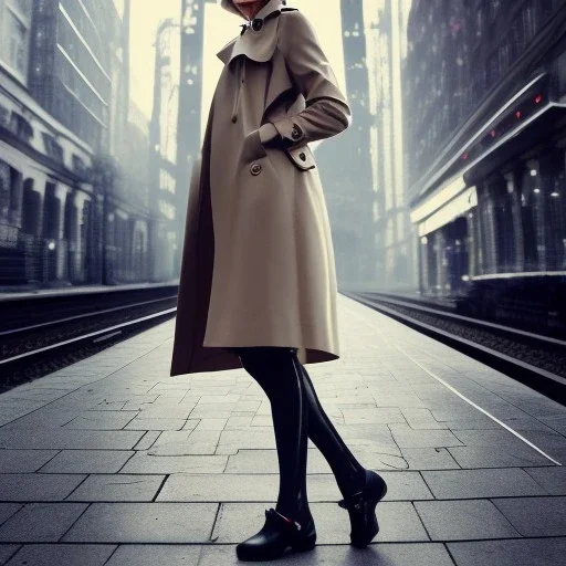 A beautiful slender well dressed young caucasian woman with short blonde hair and a black trench coat, waiting for a man at night at a train station in London