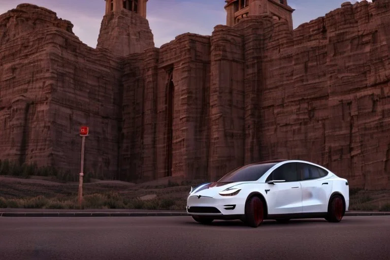 A Tesla 'Semi' (semi truck) is parked, near the 'Devils Tower' in Wyoming. (CINEMATIC, WIDE ANGLE LENS, PHOTO REAL)