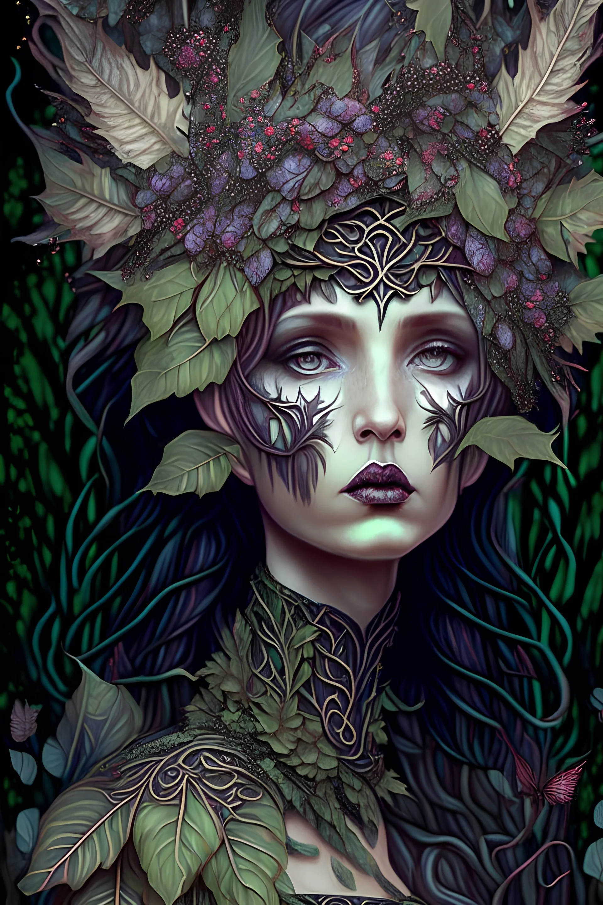 beautiful Forest fairy shaaism voidcore lady portrait, adorned with textured leaves and botanical floral palimpsest art nouveau floral ribbed and berry ribbed armour in the embossed woods background , wearing forest floral and leaves fairy art nouveau dcaent goth mineral stone headdress, organic bio spinal ribbed detail of full art nouveau floral backgreong extremely detailed hyperrealistic concept art