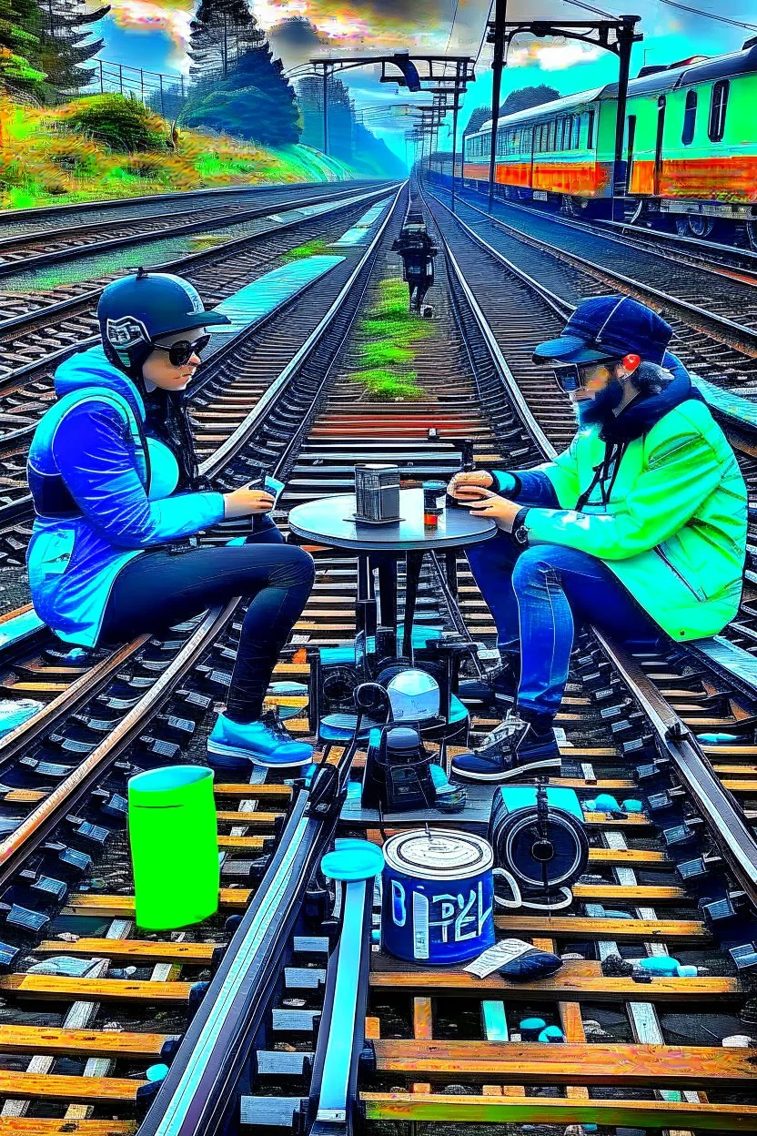 2 people are sitting on a train track, having tea at a round table; they have wet suits on with flippers and dive goggles; a steaming train is coming right towards them