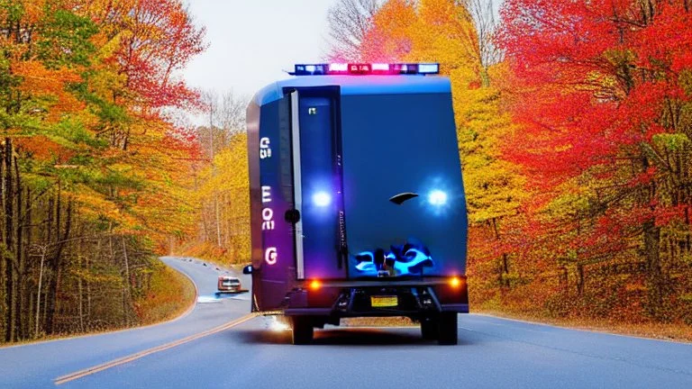 A police Tesla Cybertruck is chasing a Tesla 'Model S Plaid' at top speed, across the 'Great Smoky Mountains' National Park, in Tennessee. CINEMATIC. WIDE ANGLE LENS. PHOTO REAL.