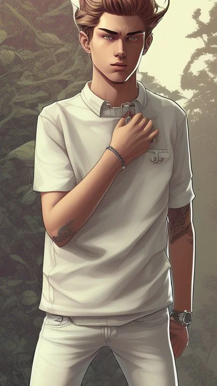 Teen man, blond hair, perfect face, style of tomer hanuka, jeans, white, t-shirt, pompadour
