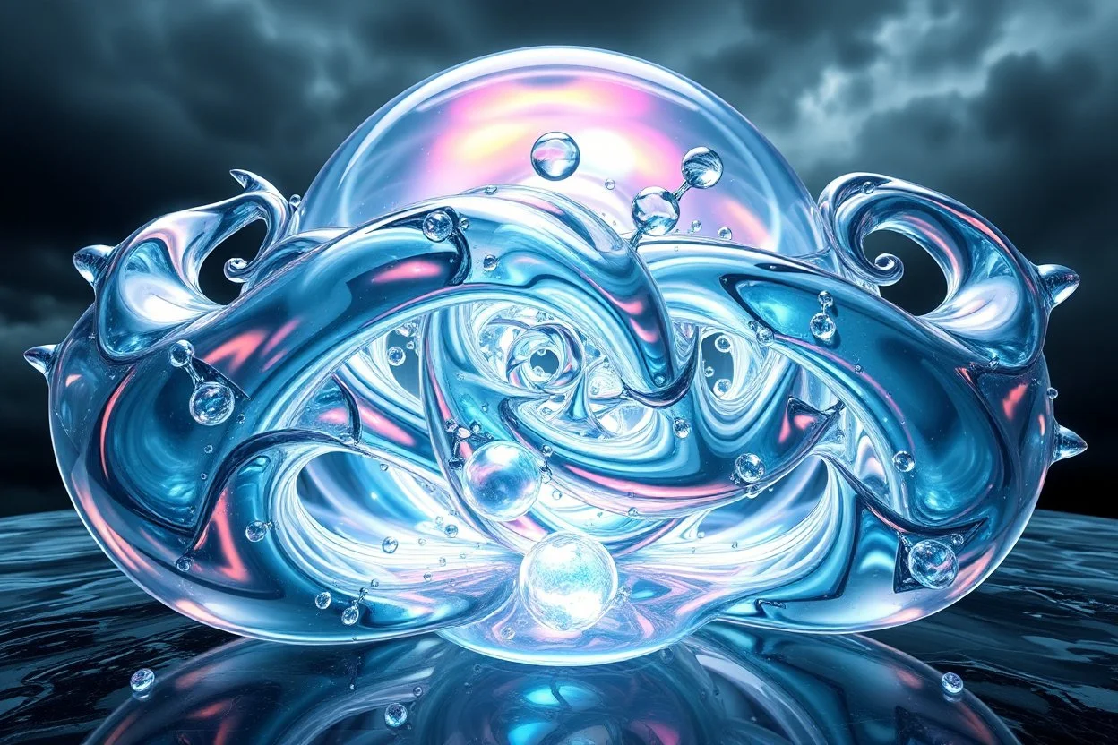 Dynamic complex hypnotic fractal 3D structures with horizontal Symmetry twisting and morphing between organic and geometric forms , smooth translucent iridescent glass with inner glow and bubbles, varied transparent materials, stormy skies, intense dramatic