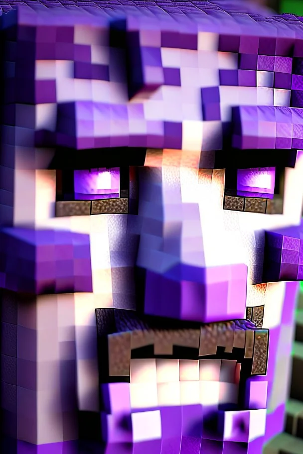 a close-up portrait of a purple Minecraft face, farmer, 3d, large pixel style