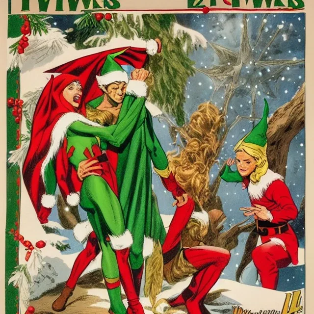 two elves. woman and man. Christmas scene. poster. marvel comic. low-key