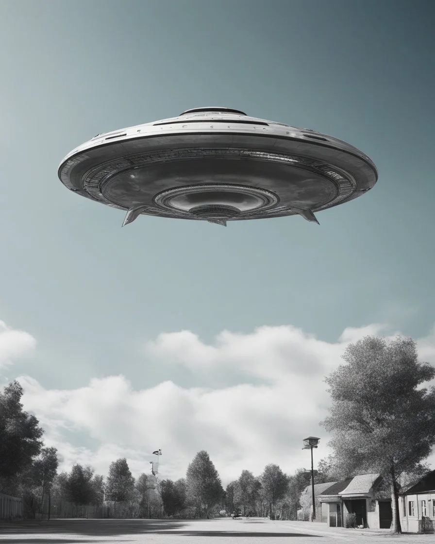 Design a retro futuristic, UFO hovering in a clear blue daytime, photorealism, surrealism, black and white photography, analog film, highly detailed