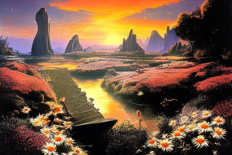 Beautiful epic sunset, logan's run 1976 movie influence, cosmic, people, rocks, holiday influence, river, flowers, very epic and philosophic, otto pippel impressionism paintings