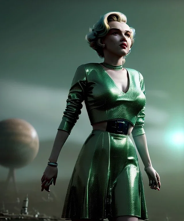 Ultra Realistic retro sci-fi 1960 scene, waist up view portrait, blonde woman, sweet young Marilyn Monroe face, perfect iris, tight latex coat, alien planet background, tight style, steel sphere dron levitating, fog, rain, soft color, highly detailed, unreal engine 5, ray tracing, RTX, lumen lighting, ultra detail, volumetric lighting, 3d, finely drawn, high definition, high resolution.