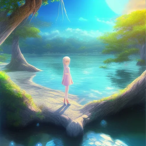 Anime little girl day, sunny, relaxing, sea, trees, real details anime style, realistic, glowing beach, 8k