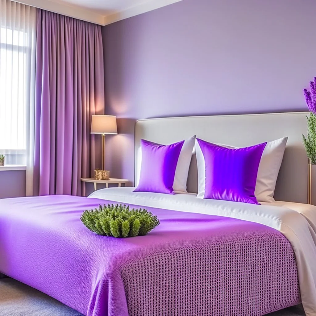 Concept of lavender flower in a hotel bedroom, modern classic style, lavender colors