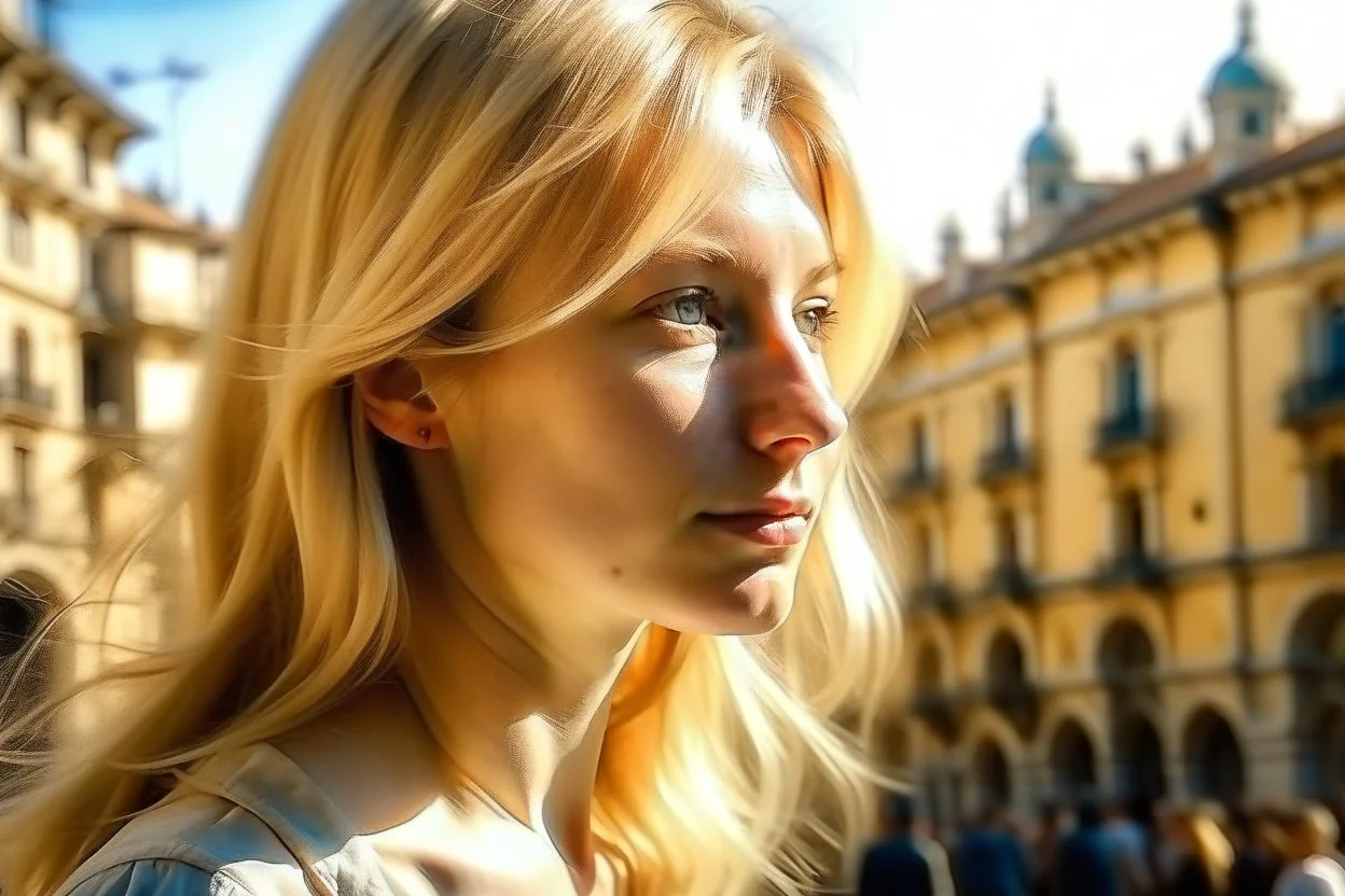 beautiful blonde woman in firenze in sunshine, shading pastel and charcoal