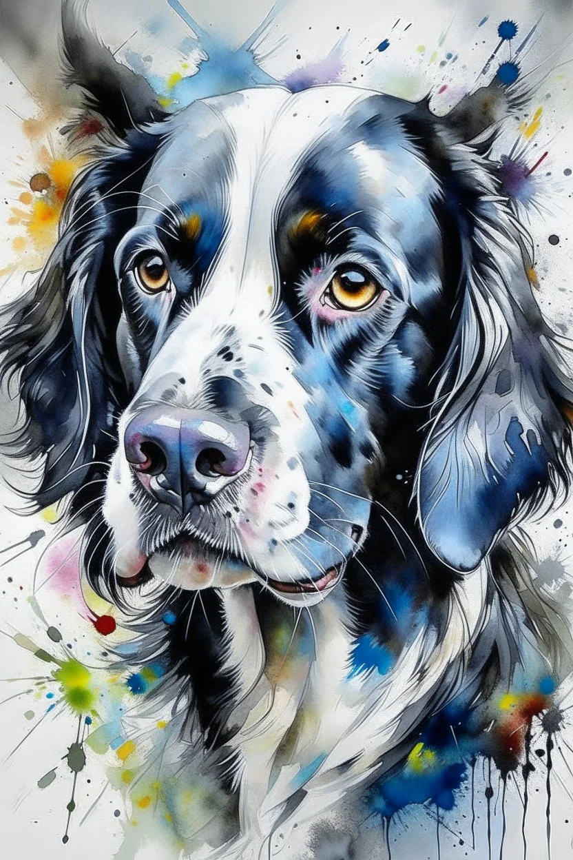 A portrait of a springer spaniel by Agnes Cecile, Willem Haenraets, loose watercolour, wet on wet and splattering and dripping techniques, centred, perfect composition, abstraction, colours of grey and cream