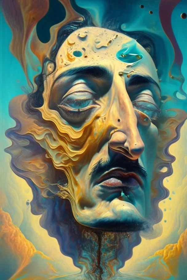 A surreal, Salvador Dali-inspired portrait of a person with their facial features melting and morphing into a dreamscape filled with whimsical and bizarre elements, showcasing the fluidity and boundlessness of the human imagination.