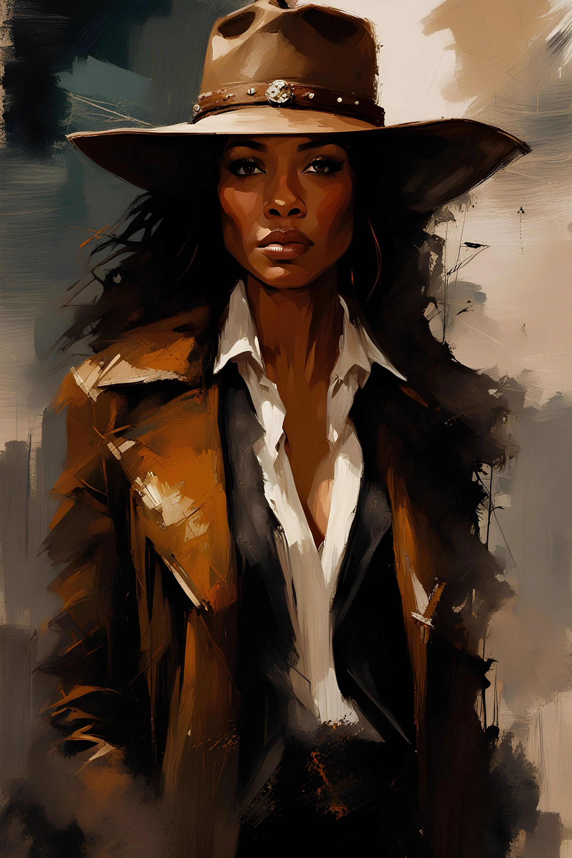 {{Gina Torres as zoe Washburne wearing a brown coat and jeans and a leather cowboy hat}} :: dark mysterious esoteric atmosphere :: digital matt painting with rough paint strokes by Jeremy Mann + Carne Griffiths + Leonid Afremov, black canvas