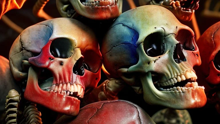 a picture of a dark, comedic, anatomically correct wall of colorful tightly packed stacked cyborg skulls of varying sizes and expressions, photo realistic, insanely meticulous, highly detailed, part of a collection of bones on display, 64k, dystopian, vray