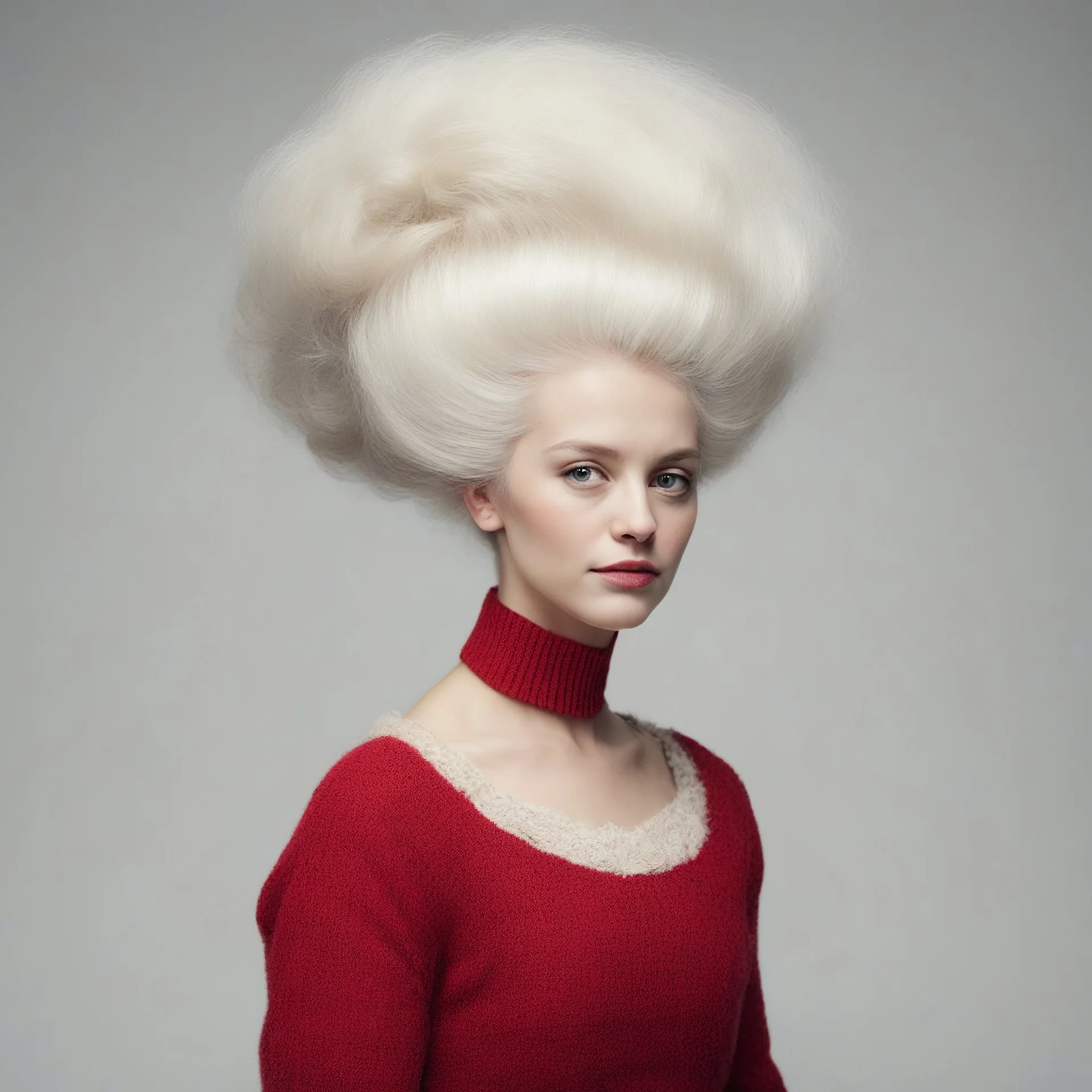 Cute Marie-Antoinette, in a red modern woollen sweater, white bacground