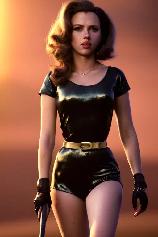 retro portrait image from 1960, explosion, long hair, young Scarlett Johansson, classic black tight lycra suit, metal stick weapon, gold bracelet and belt, high heel boots, soft color, highly detailed, unreal engine 5, ray tracing, RTX, lumen lighting, ultra detail, volumetric lighting, 3d, finely drawn, high definition, high resolution.