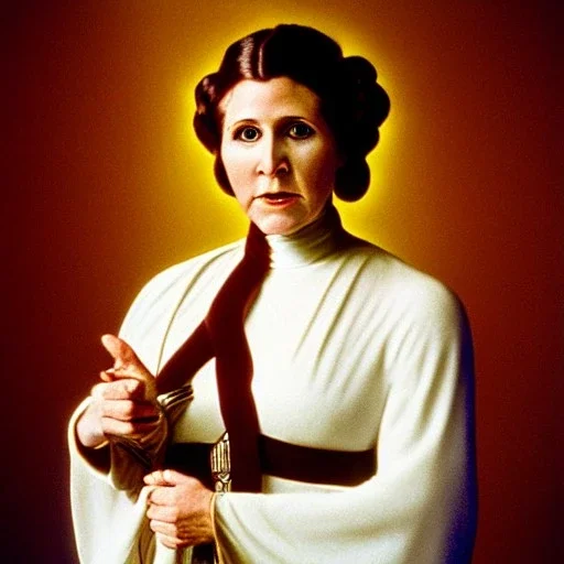 Hyperrealistic, 8k centered photographic portrait of [[Carrie Fisher as Princess Leia in Star Wars]], leica, 35 mm, technicolor, natural colors, telephoto, 24 mm, portrait photo by Annie Leibovitz, film, studio lighting, detailed skin, ultra realistic, bokeh, sharp features