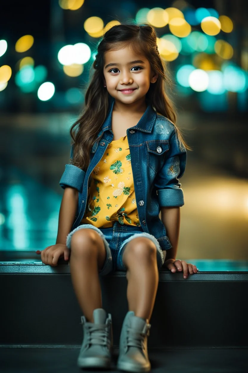 Little 6 years old beautiful girl perfect face,1girl wearing a pretty shirt and jean pant, standing pose,modern city ,night view