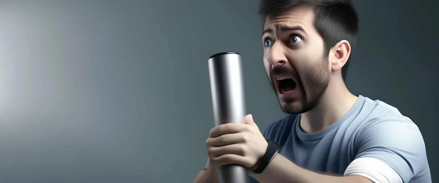 scared man sticks his arm into teleportation device for testing