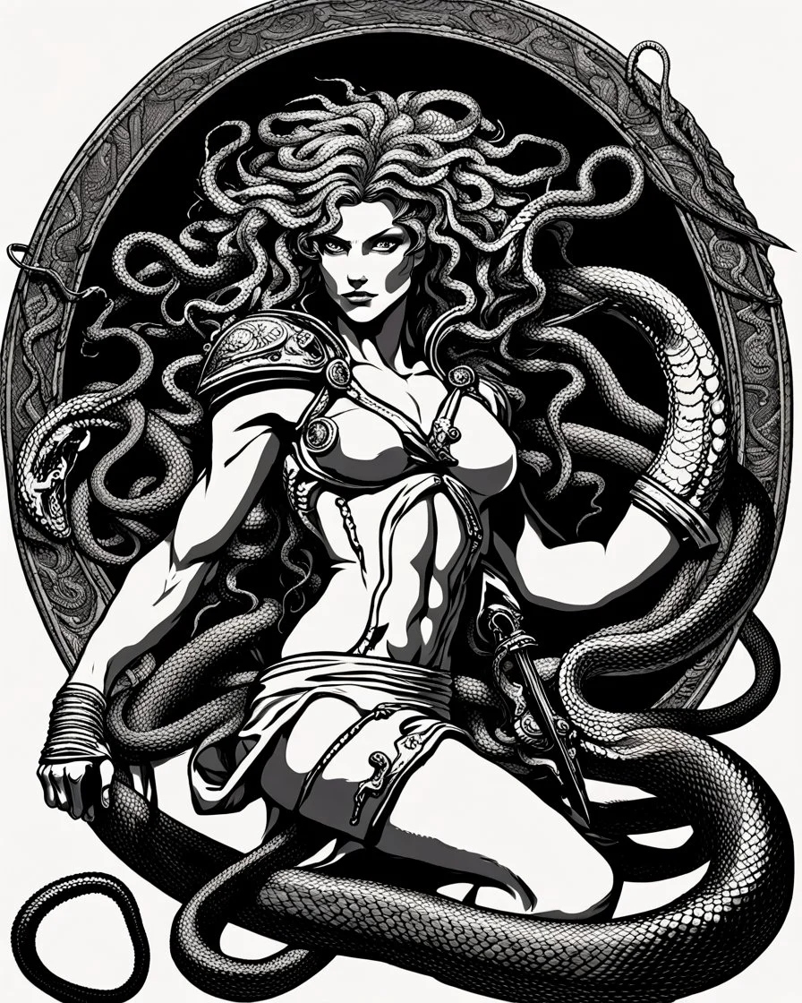 detailed persona, female, sword in hand, gorgon medusa, half turn, full height, leans on one leg, snakes on the head instead of hair