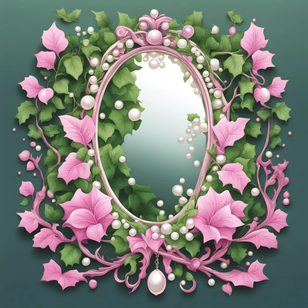 Create an Artwork of a Mirror with ivy branches and pearls necklace, Like a creative Logo for a Varasity Jacket to put a random number uin it, Vector illustration. Colors should be pink and green