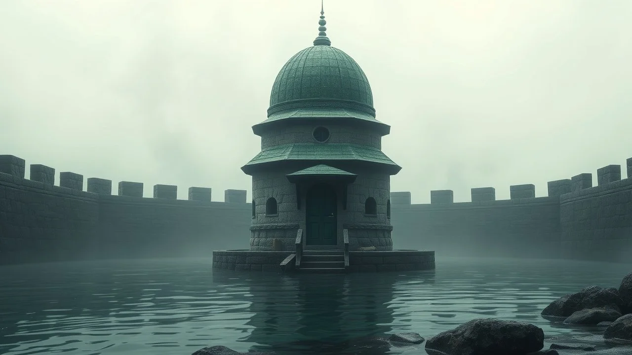 fantasy, A small domed building with a green roof standing in the middle of a body of water, surrounded by a stone wall. The sky has a hazy, dreamlike quality, adventure core, soft and dreamy depictions, epic eerie