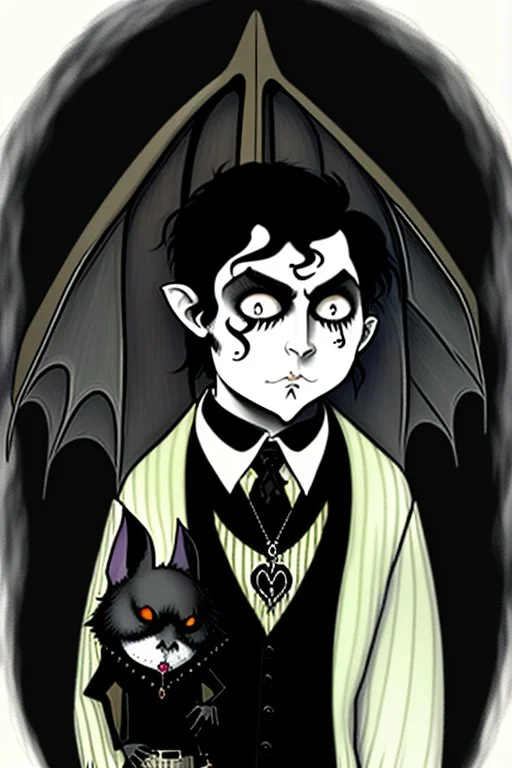 black haired black eyed young man necromancer goth hobbit with gothic jewelry and pet black bat in the style of Charles Addams