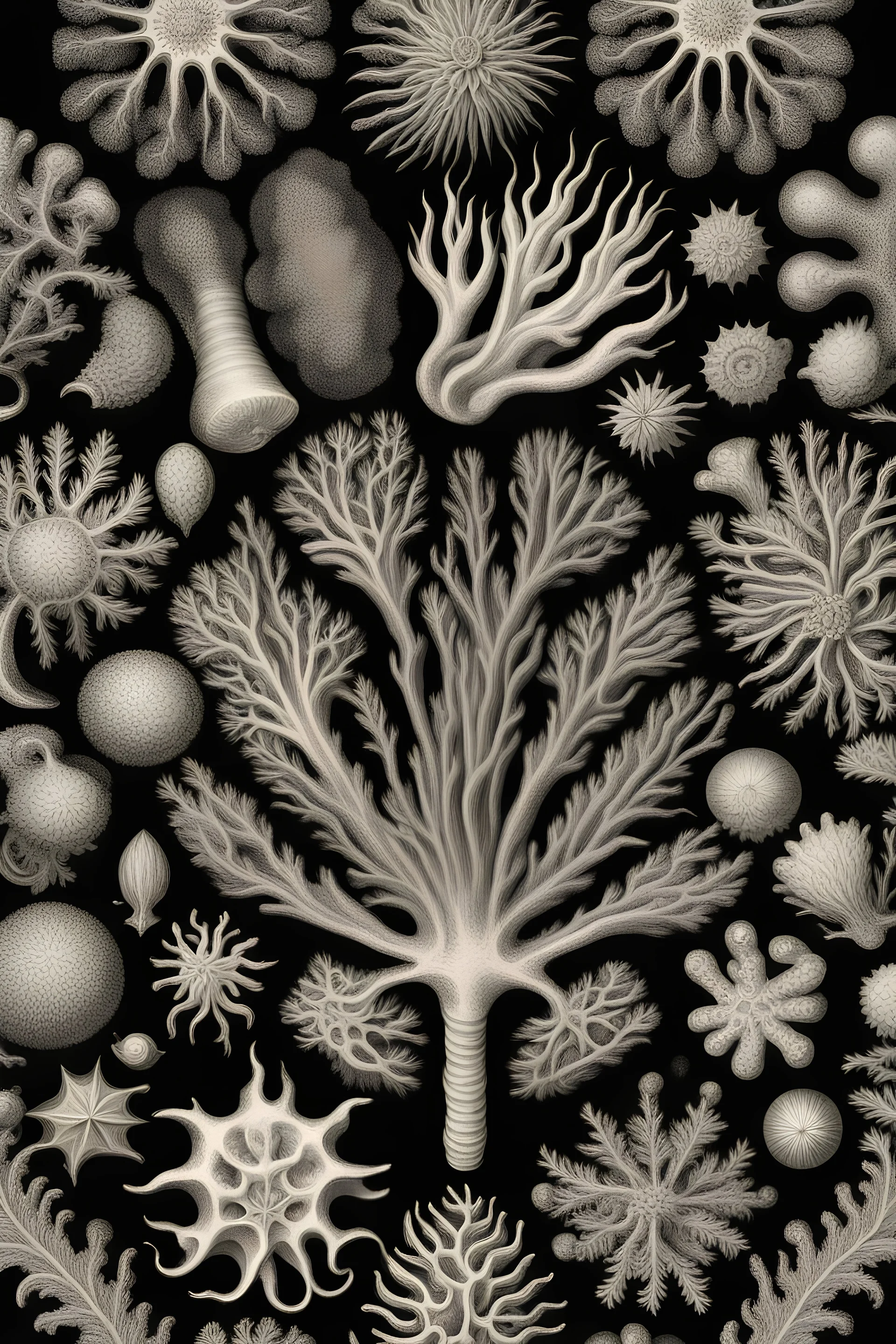 coral illustration ernst haeckel style, single object, black background, vintage