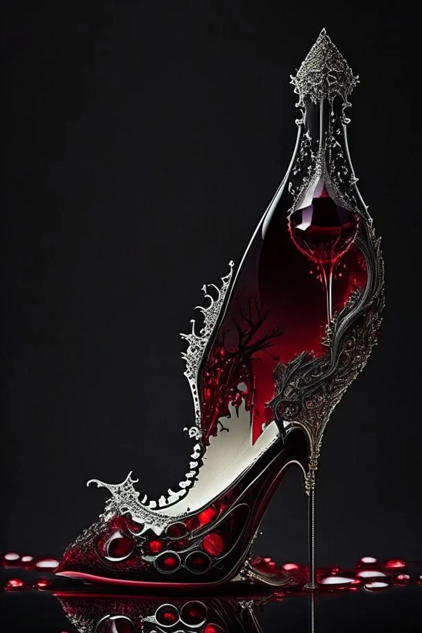 dark fantasy, intricate cover, a whimsical fairytale, shoe made of glass with a single drop of blood running over its side