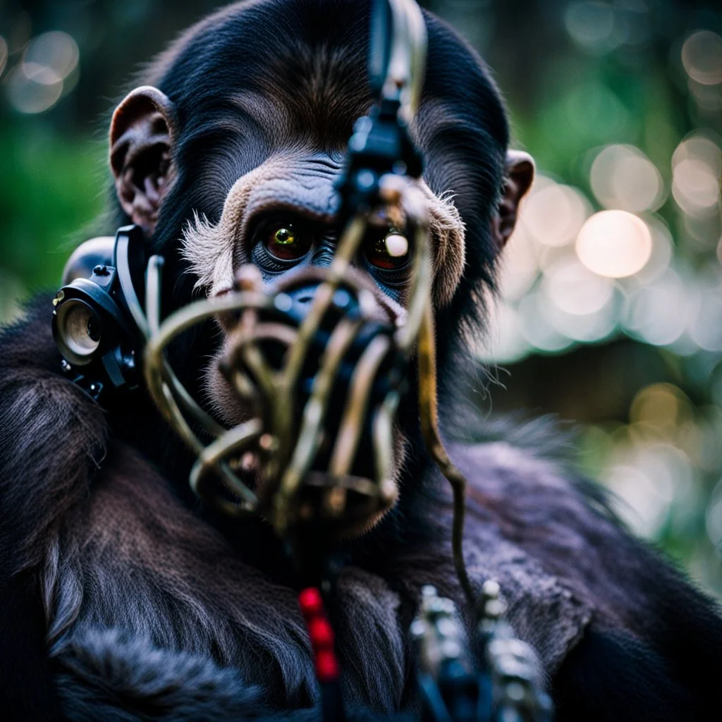 Ape, Primate, hominid, breathing device, respirator, Dystopian, Extreme depth of field, bokeh blur, Alberta, all-natural, in the style of candid, Fuji Film, Anamorphic lens