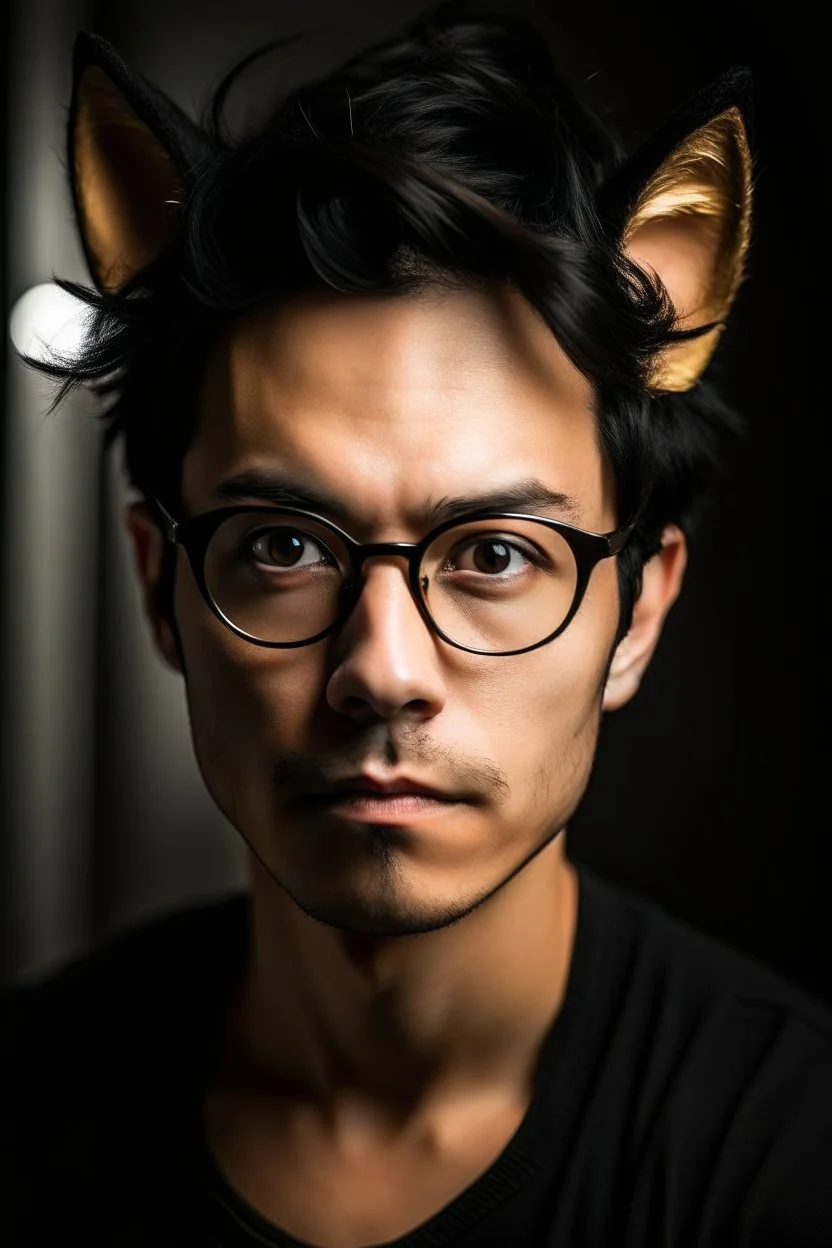 A handsome adult man with messy black hair and black cat ears, golden eyes, glasses.