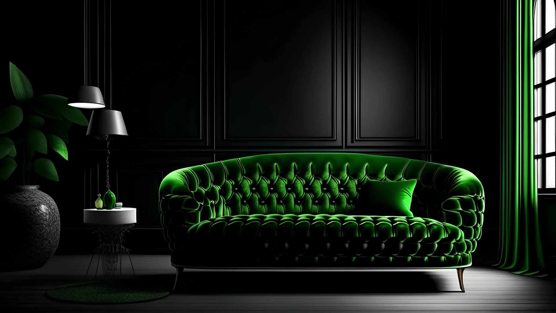 Black interior with green velour sofa, table, fur carpet and decor. 3d render illustration mock up.