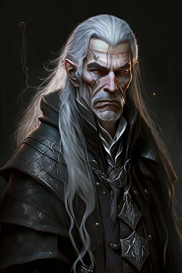 ancient grizzled, gnarled elf mage, he has long, grey hair streaked with black and sharp cheekbones. His eyes are black. He wears weathered medieval leather clothes. he is lean and tall, with pale skin, full body with thigh high leather boots and has a dark malevolent aura