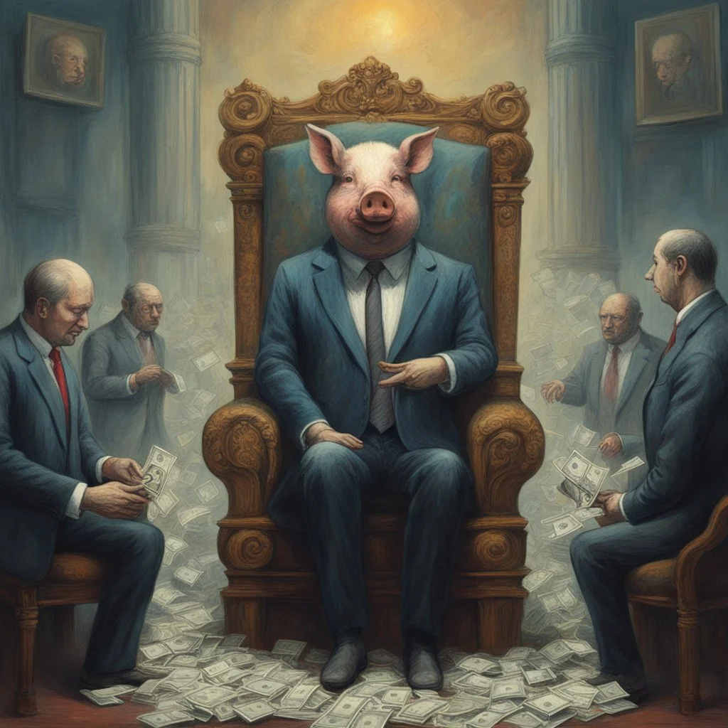 rich pig in suit on a throne making stacks of money by making a deal with a buisnessman. background of musicians. Payday payday. beksinski style. politicians