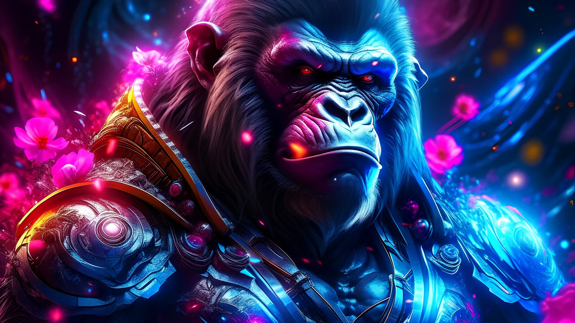 Magical silverback bounty hunter in space. nebula , Flying Petals, Sparks, Lightning,, Portrait Photography, Fantasy Background, Intricate Patterns, Ultra Detailed, Luminous, Radiance, Ultra Realism, Complex Details, Intricate Details, 16k, HDR, High Quality, Trending On Artstation, Sharp Focus, Studio Photo, Intricate Details, Highly Detailed, hearts. colorful