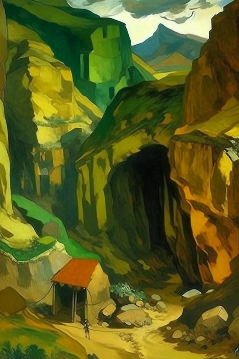 A brown underground mine in a mountain painted by Paul Gauguin