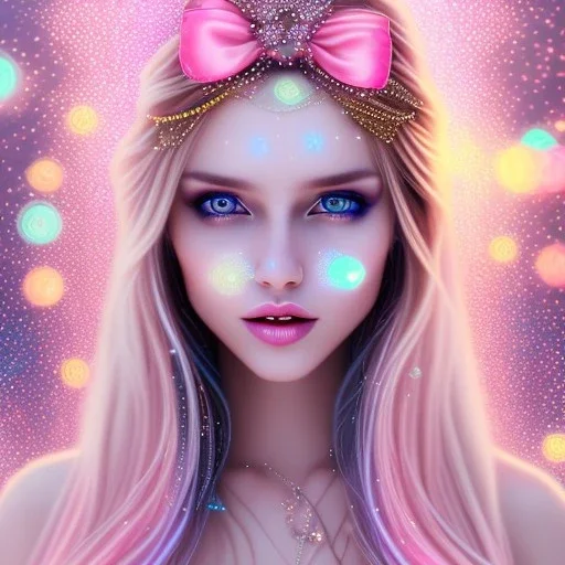 beautiful, soft, smiling face, whole head, long straight blonde hair blues eyes, crown on the head, clothing in transparent bluish and pink veil, background brillante bluish and pink, hight definition, 8K